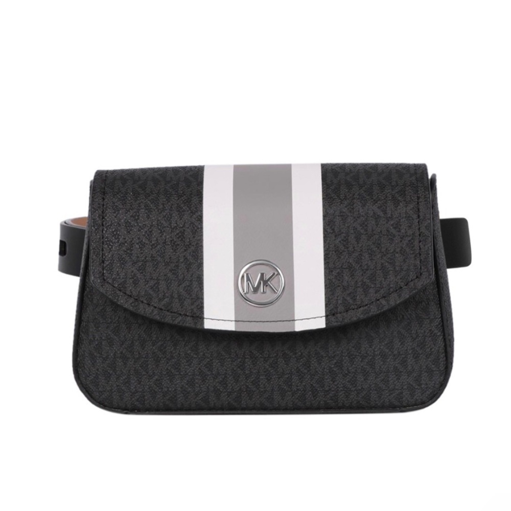 NWT Michael Kors Black and Gray Crossbody Logo Belt Bag with Stripe size L/XL
